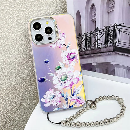 For iPhone 15 Pro Max Case Flower Pattern Laser Texture TPU+PC Phone Cover with Beaded Bracelet