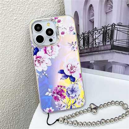 For iPhone 15 Pro Max Case Flower Pattern Laser Texture TPU+PC Phone Cover with Beaded Bracelet1