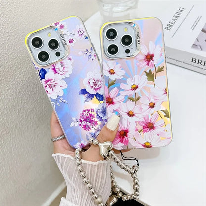 For iPhone 15 Pro Max Case Flower Pattern Laser Texture TPU+PC Phone Cover with Beaded Bracelet1