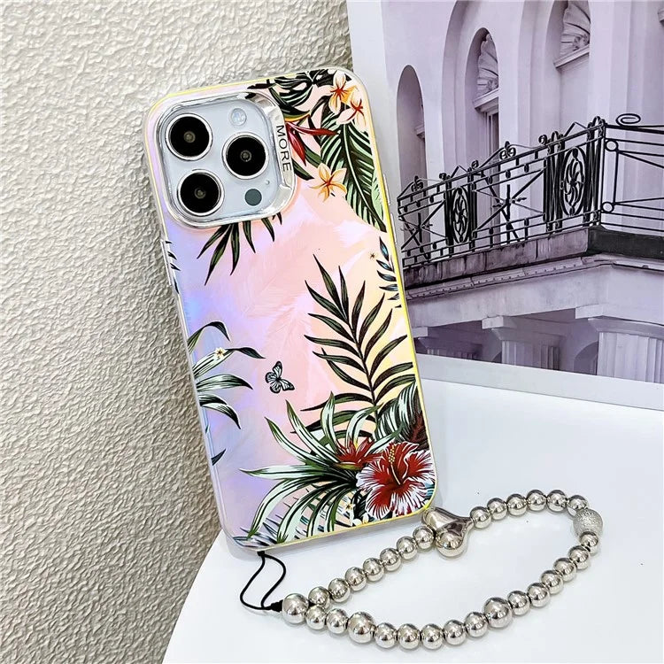 For iPhone 15 Pro Max Case Flower Pattern Laser Texture TPU+PC Phone Cover with Beaded Bracelet2