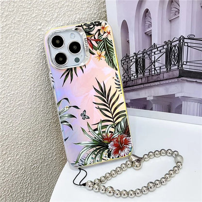 For iPhone 15 Pro Max Case Flower Pattern Laser Texture TPU+PC Phone Cover with Beaded Bracelet2