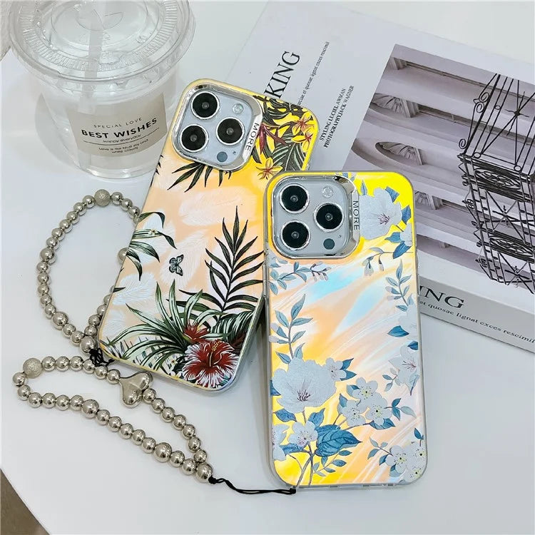 For iPhone 15 Pro Max Case Flower Pattern Laser Texture TPU+PC Phone Cover with Beaded Bracelet2