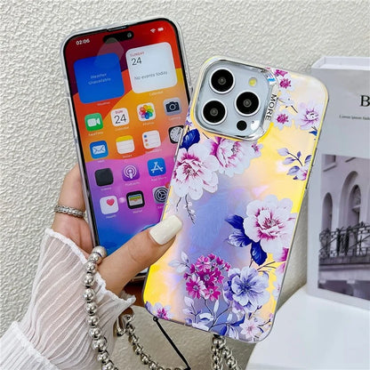 For iPhone 15 Pro Max Case Flower Pattern Laser Texture TPU+PC Phone Cover with Beaded Bracelet2
