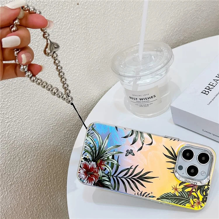 For iPhone 15 Pro Max Case Flower Pattern Laser Texture TPU+PC Phone Cover with Beaded Bracelet2