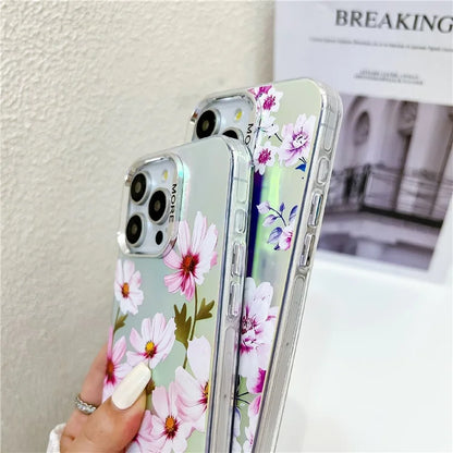 For iPhone 15 Pro Max Case Flower Pattern Laser Texture TPU+PC Phone Cover with Beaded Bracelet2
