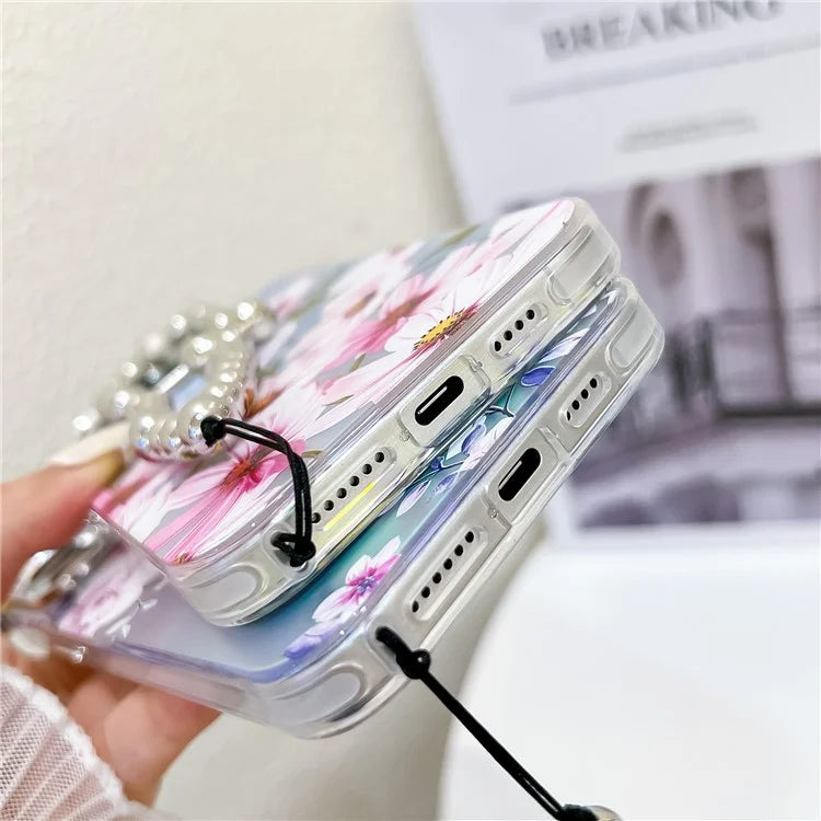 For iPhone 15 Pro Max Case Flower Pattern Laser Texture TPU+PC Phone Cover with Beaded Bracelet2