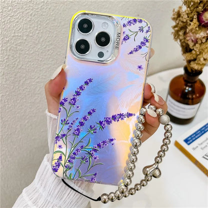 For iPhone 15 Pro Max Case Flower Pattern Laser Texture TPU+PC Phone Cover with Beaded Bracelet4