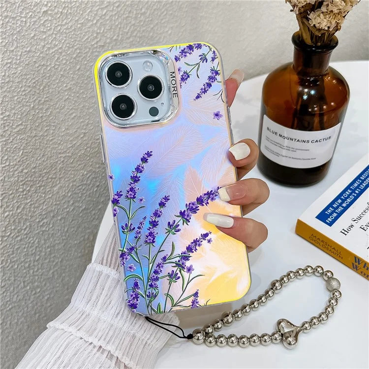 For iPhone 15 Pro Max Case Flower Pattern Laser Texture TPU+PC Phone Cover with Beaded Bracelet4