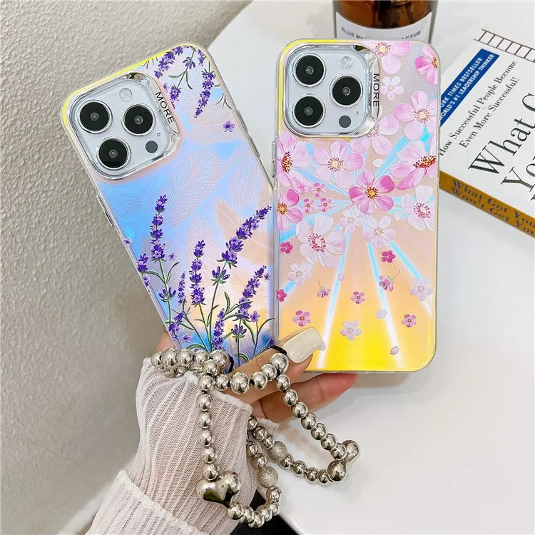 For iPhone 15 Pro Max Case Flower Pattern Laser Texture TPU+PC Phone Cover with Beaded Bracelet4