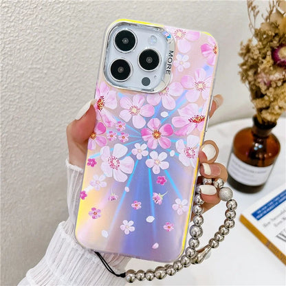 For iPhone 15 Pro Max Case Flower Pattern Laser Texture TPU+PC Phone Cover with Beaded Bracelet3