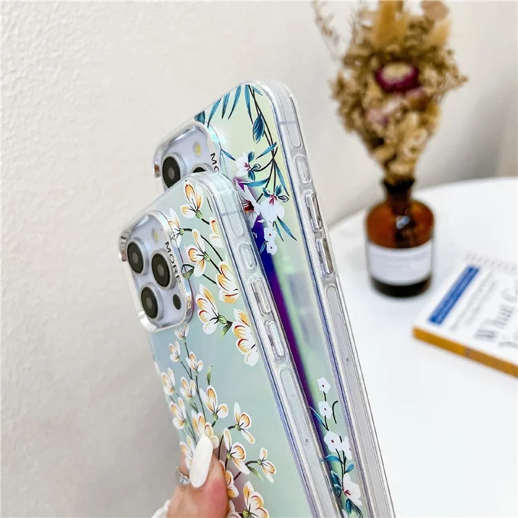 For iPhone 15 Pro Max Case Flower Pattern Laser Texture TPU+PC Phone Cover with Beaded Bracelet3