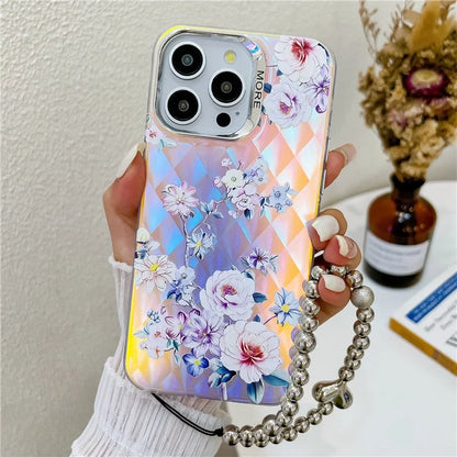 For iPhone 15 Pro Max Case Flower Pattern Laser Texture TPU+PC Phone Cover with Beaded Bracelet5