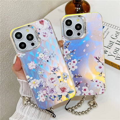 For iPhone 15 Pro Max Case Flower Pattern Laser Texture TPU+PC Phone Cover with Beaded Bracelet5