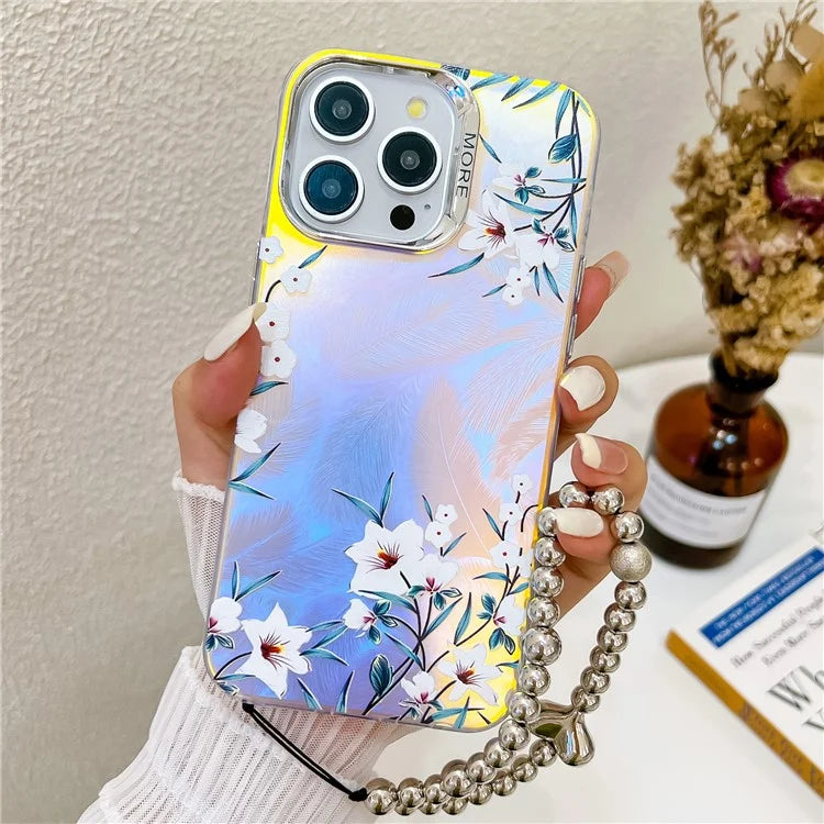 For iPhone 15 Pro Max Case Flower Pattern Laser Texture TPU+PC Phone Cover with Beaded Bracelet6