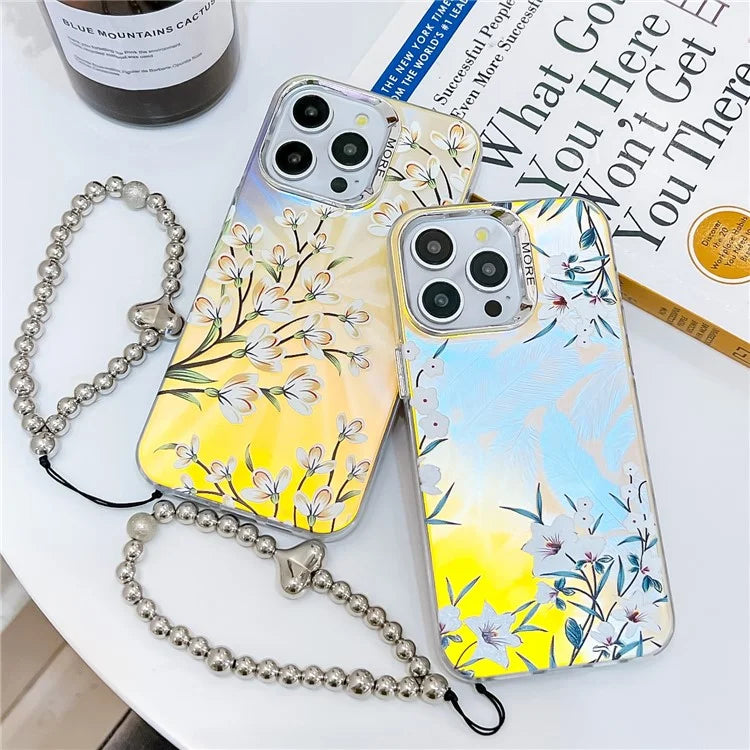 For iPhone 15 Pro Max Case Flower Pattern Laser Texture TPU+PC Phone Cover with Beaded Bracelet6