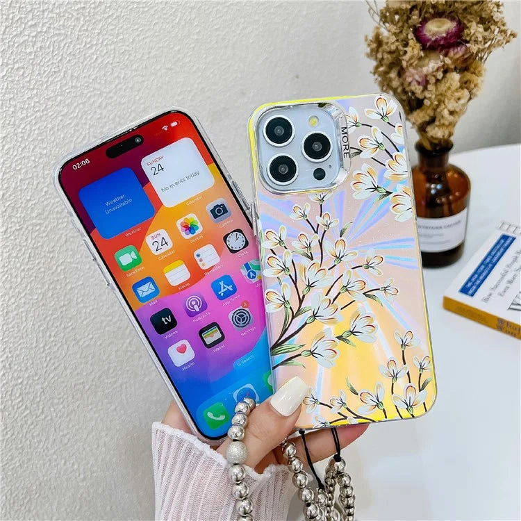 For iPhone 15 Pro Max Case Flower Pattern Laser Texture TPU+PC Phone Cover with Beaded Bracelet6