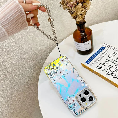 For iPhone 15 Pro Max Case Flower Pattern Laser Texture TPU+PC Phone Cover with Beaded Bracelet6