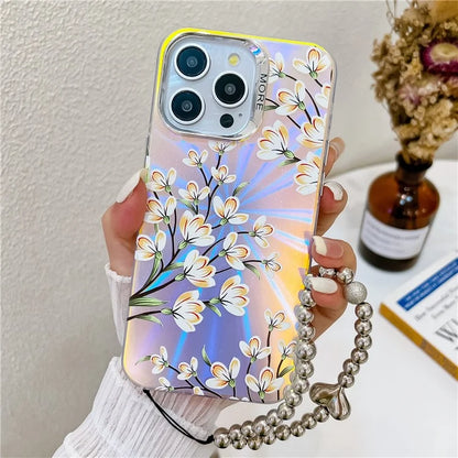 For iPhone 15 Pro Max Case Flower Pattern Laser Texture TPU+PC Phone Cover with Beaded Bracelet7