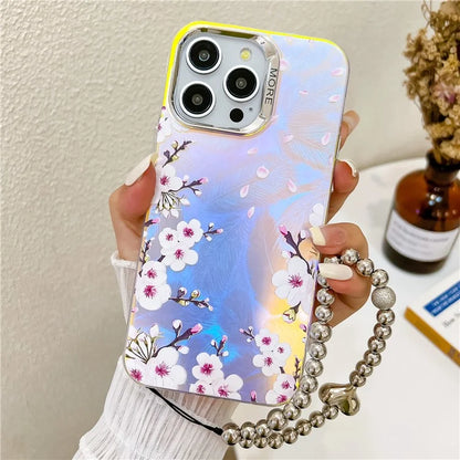 For iPhone 15 Pro Max Case Flower Pattern Laser Texture TPU+PC Phone Cover with Beaded Bracelet8