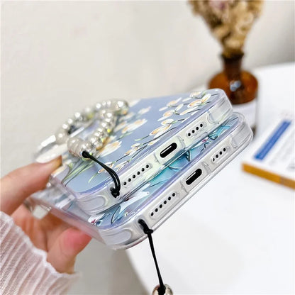 For iPhone 15 Pro Max Case Flower Pattern Laser Texture TPU+PC Phone Cover with Beaded Bracelet8