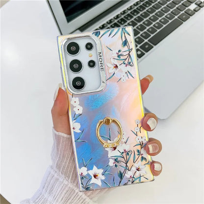For Samsung Galaxy S24 Ultra Ring Kickstand Case Electroplated Laser Flower Pattern PC+TPU Phone Cover6