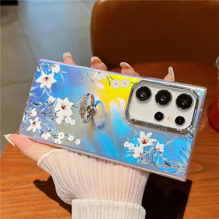 For Samsung Galaxy S24 Ultra Ring Kickstand Case Electroplated Laser Flower Pattern PC+TPU Phone Cover6