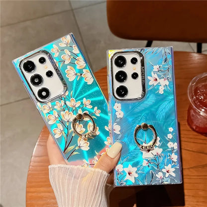 For Samsung Galaxy S24 Ultra Ring Kickstand Case Electroplated Laser Flower Pattern PC+TPU Phone Cover6