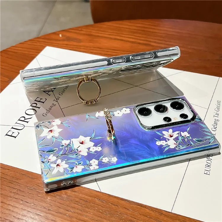 For Samsung Galaxy S24 Ultra Ring Kickstand Case Electroplated Laser Flower Pattern PC+TPU Phone Cover6