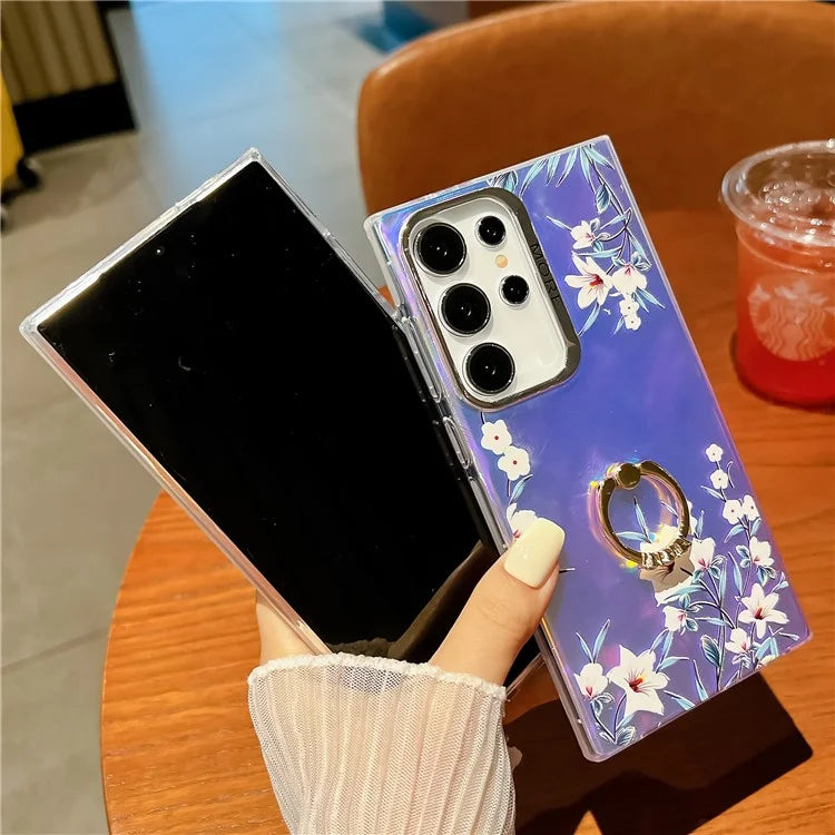 For Samsung Galaxy S24 Ultra Ring Kickstand Case Electroplated Laser Flower Pattern PC+TPU Phone Cover6