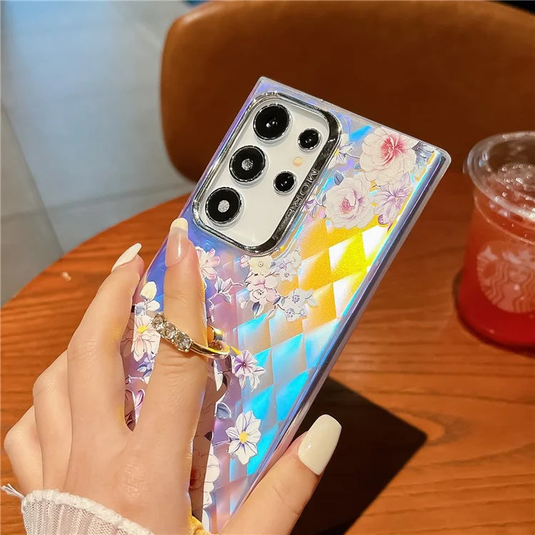 For Samsung Galaxy S24 Ultra Ring Kickstand Case Electroplated Laser Flower Pattern PC+TPU Phone Cover6