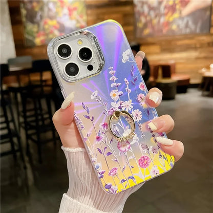 For iPhone 15 Pro Max Case Flower Pattern Laser Texture Phone Back Cover with Ring Kickstand
