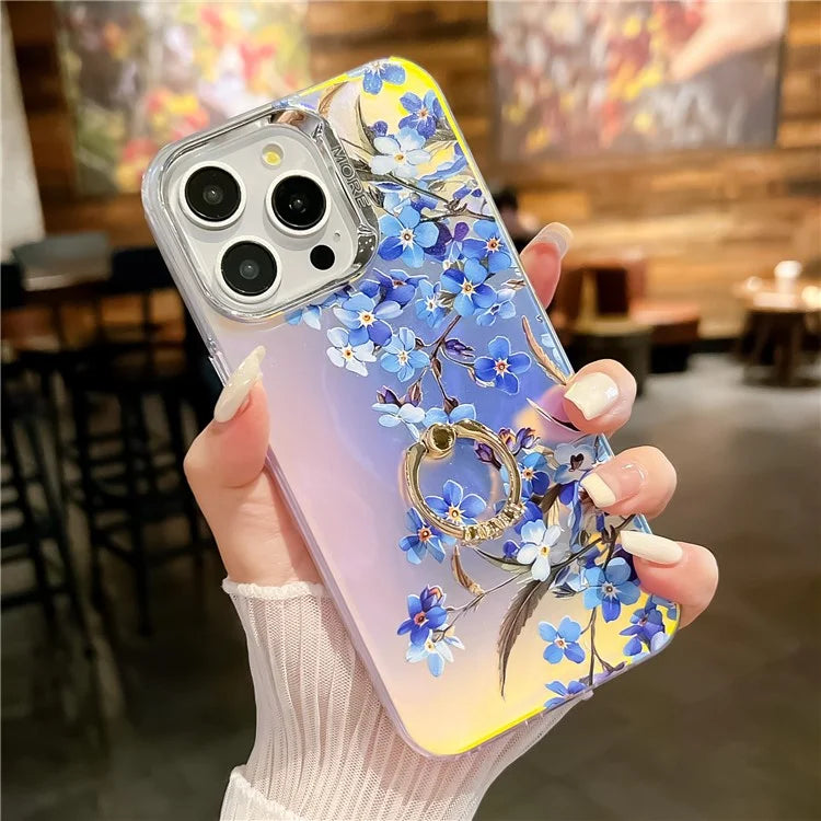 For iPhone 15 Pro Max Case Flower Pattern Laser Texture Phone Back Cover with Ring Kickstand