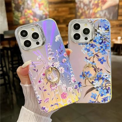 For iPhone 15 Pro Max Case Flower Pattern Laser Texture Phone Back Cover with Ring Kickstand