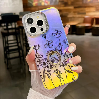 For iPhone 15 Pro Max Case Flower Pattern Laser Texture Phone Back Cover with Ring Kickstand
