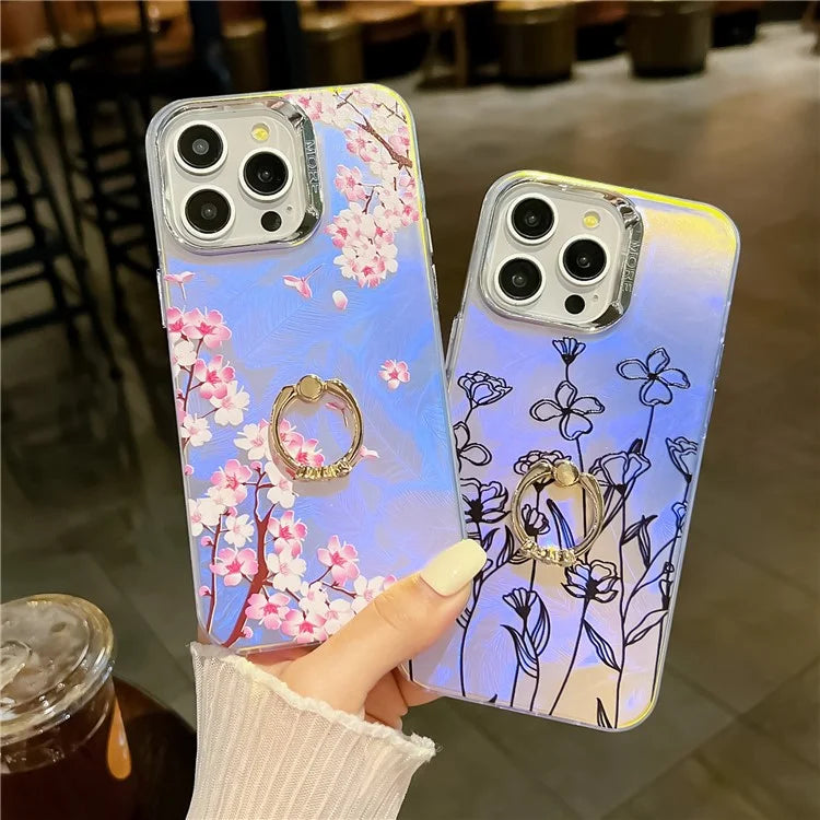 For iPhone 15 Pro Max Case Flower Pattern Laser Texture Phone Back Cover with Ring Kickstand
