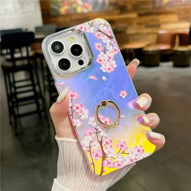 For iPhone 15 Pro Max Case Flower Pattern Laser Texture Phone Back Cover with Ring Kickstand