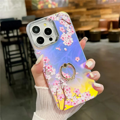 For iPhone 15 Pro Max Case Flower Pattern Laser Texture Phone Back Cover with Ring Kickstand