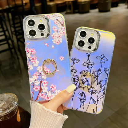 For iPhone 15 Pro Max Case Flower Pattern Laser Texture Phone Back Cover with Ring Kickstand
