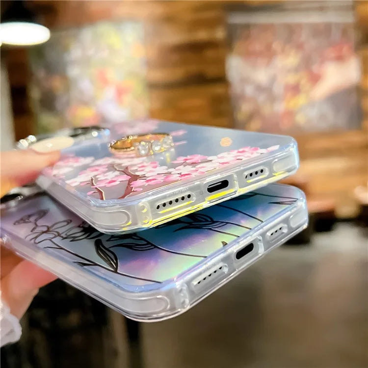 For iPhone 15 Pro Max Case Flower Pattern Laser Texture Phone Back Cover with Ring Kickstand
