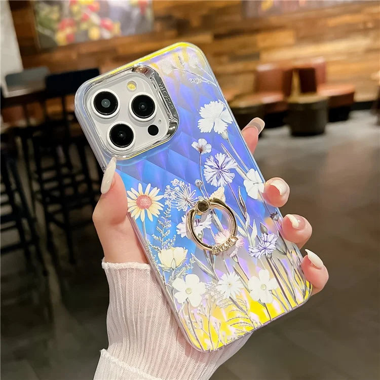 For iPhone 15 Pro Max Case Flower Pattern Laser Texture Phone Back Cover with Ring Kickstand