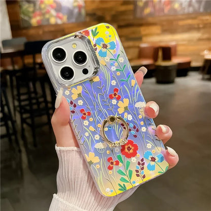 For iPhone 15 Pro Max Case Flower Pattern Laser Texture Phone Back Cover with Ring Kickstand