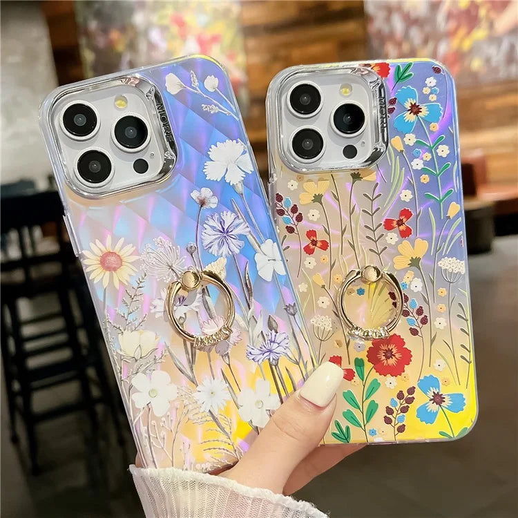 For iPhone 15 Pro Max Case Flower Pattern Laser Texture Phone Back Cover with Ring Kickstand