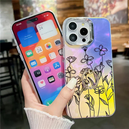 For iPhone 15 Pro Max Case Flower Pattern Laser Texture Phone Back Cover with Ring Kickstand