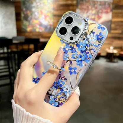 For iPhone 15 Pro Max Case Flower Pattern Laser Texture Phone Back Cover with Ring Kickstand