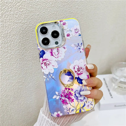 For iPhone 15 Pro Max Case Flower Pattern Laser Texture Phone Back Cover with Ring Kickstand1