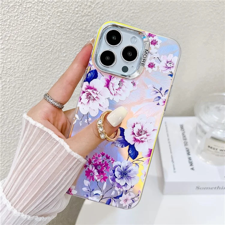 For iPhone 15 Pro Max Case Flower Pattern Laser Texture Phone Back Cover with Ring Kickstand1