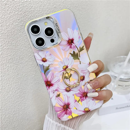 For iPhone 15 Pro Max Case Flower Pattern Laser Texture Phone Back Cover with Ring Kickstand