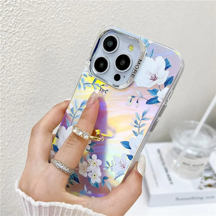 For iPhone 15 Pro Max Case Flower Pattern Laser Texture Phone Back Cover with Ring Kickstand