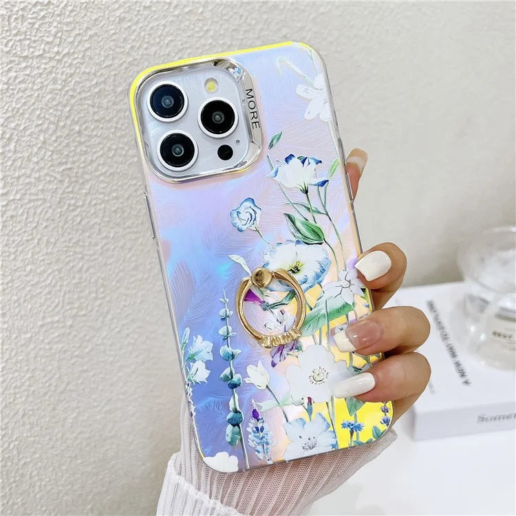 For iPhone 15 Pro Max Case Flower Pattern Laser Texture Phone Back Cover with Ring Kickstand