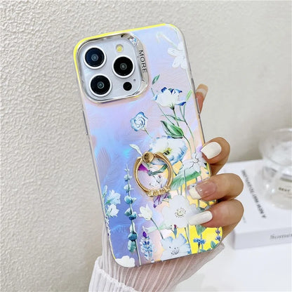 For iPhone 15 Pro Max Case Flower Pattern Laser Texture Phone Back Cover with Ring Kickstand